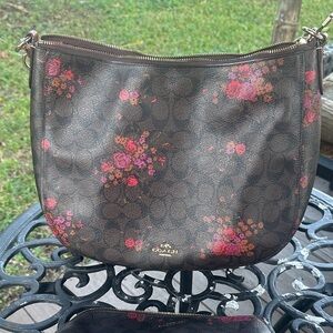 Coach Brown Shoulder Bag with Pink Floral Design